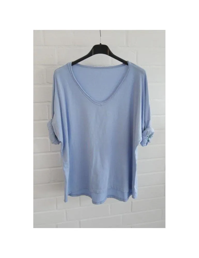 Damen langarm Shirt V-Ausschnitt uni hellblau Baumwolle Onesize 38 - 44 8320