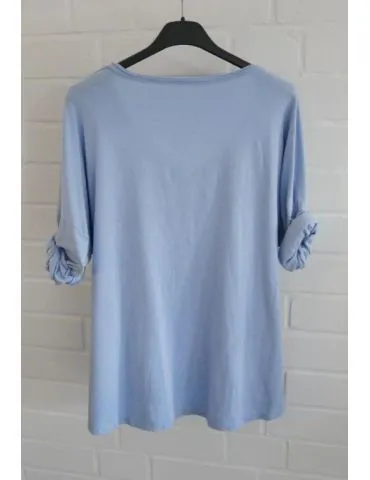 Damen langarm Shirt V-Ausschnitt uni hellblau Baumwolle Onesize 38 - 42 8320