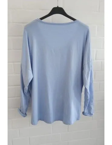 Damen langarm Shirt V-Ausschnitt uni hellblau Baumwolle Onesize 38 - 42 8320