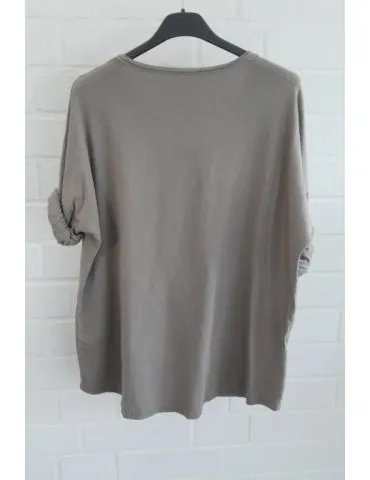 Damen langarm Shirt V-Ausschnitt uni schlamm Baumwolle Onesize 38 - 42 8320