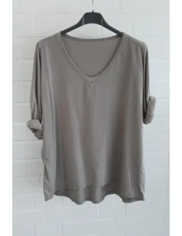 Damen langarm Shirt V-Ausschnitt uni schlamm Baumwolle Onesize 38 - 44 8320