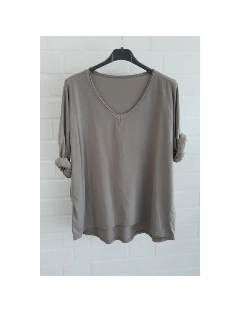 Damen langarm Shirt V-Ausschnitt uni schlamm Baumwolle Onesize 38 - 44 8320