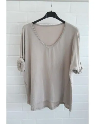 Damen langarm Shirt V-Ausschnitt uni beige Baumwolle  Onesize 38 - 44 8320