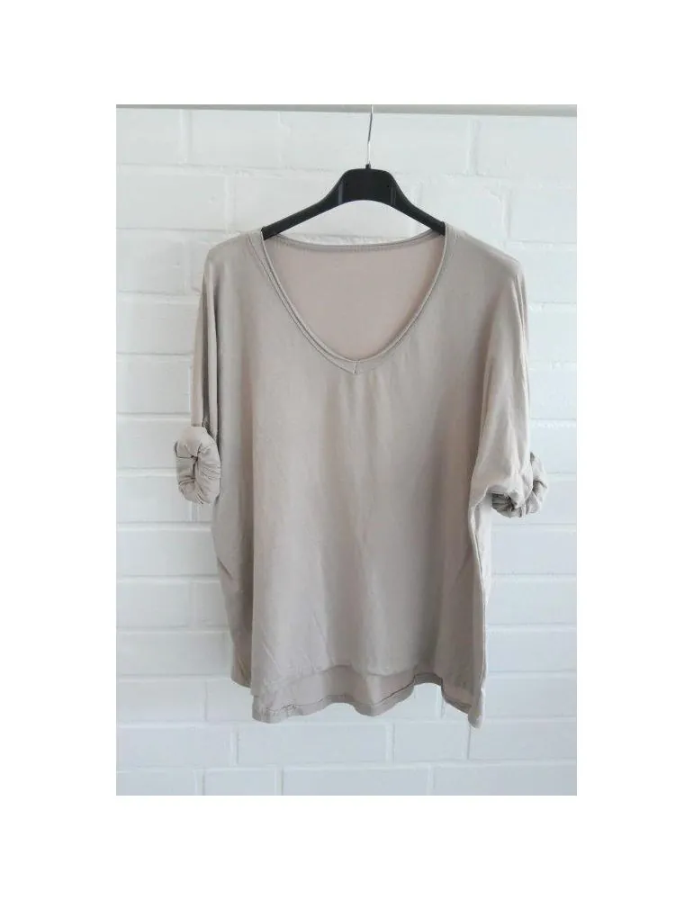 Damen langarm Shirt V-Ausschnitt uni beige Baumwolle  Onesize 38 - 44 8320