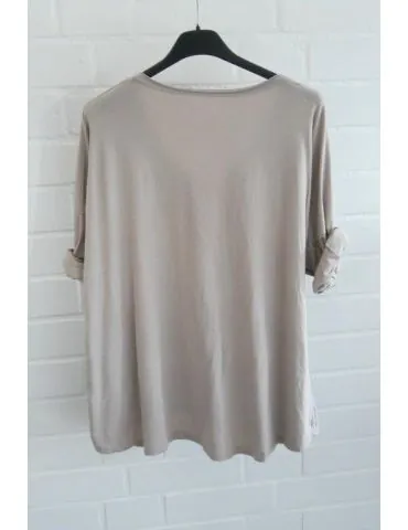 Damen langarm Shirt V-Ausschnitt uni beige Baumwolle Onesize 38 - 42 8320