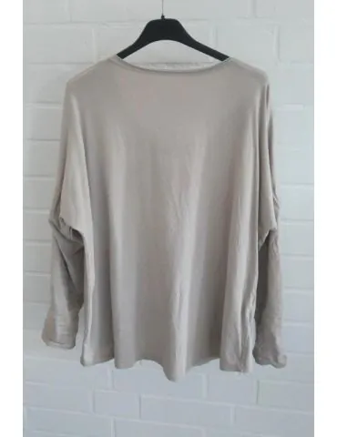 Damen langarm Shirt V-Ausschnitt uni beige Baumwolle Onesize 38 - 42 8320