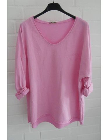 Damen langarm Oversize Sweat Shirt V-Ausschnitt hellpink uni mit Baumwolle Onesize 38 - 44 9819