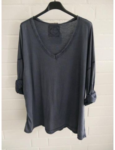 Damen langarm Shirt V-Ausschnitt dunkelblau verwaschen Baumwolle Onesize 38 - 44 9800