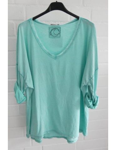 Damen langarm Shirt V-Ausschnitt mint verwaschen Baumwolle Onesize 38 - 44 9800