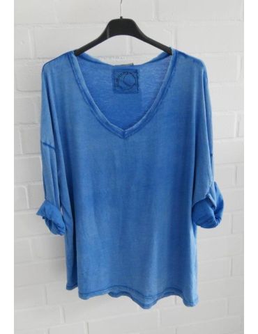 Damen langarm Shirt V-Ausschnitt royalblau verwaschen Baumwolle Onesize 38 - 44 9800