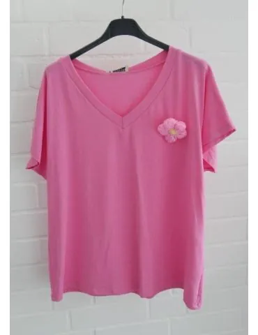 ESViViD Damen Shirt kurzarm pink Brosche mit Baumwolle Onesize ca. 38 40