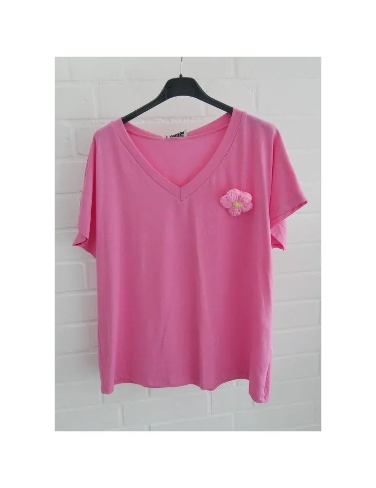 ESViViD Damen Shirt kurzarm pink Brosche mit Baumwolle Onesize ca. 38 40