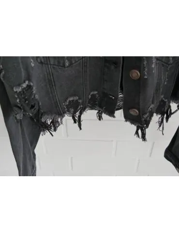 Kurze Jeansjacke Damen Jacke grau schwarz verwaschen Baumwolle Fransen 14040