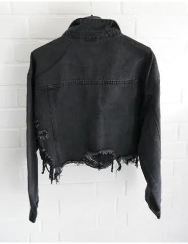 Kurze Jeansjacke Damen Jacke grau schwarz verwaschen Baumwolle Fransen 14040