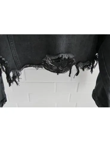 Kurze Jeansjacke Damen Jacke grau schwarz verwaschen Baumwolle Fransen 14040
