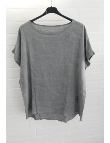 Damen Shirt Bluse kurzarm grau uni verwaschen Leinen Viskose Onesize 38 - 44 8555