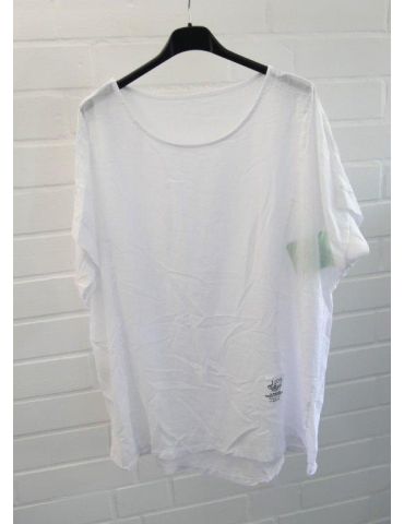 Damen Shirt Bluse kurzarm weiß white uni verwaschen Leinen Viskose Onesize 38 - 44 8555