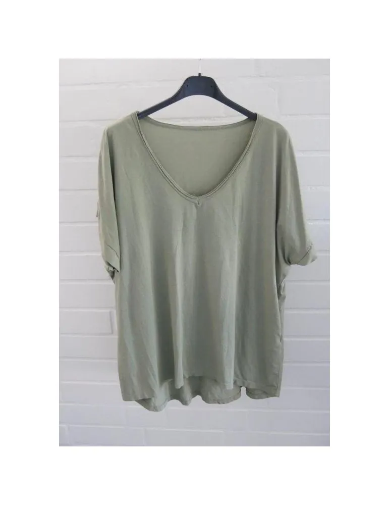 Damen Basic Shirt kurzarm oliv uni Ärmelband Baumwolle Onesize 38 - 42 7401