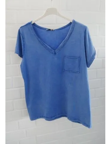 Damen Basic Shirt kurzarm royalblau verwaschen Brusttasche mit Baumwolle Onesize 36 - 40 3159
