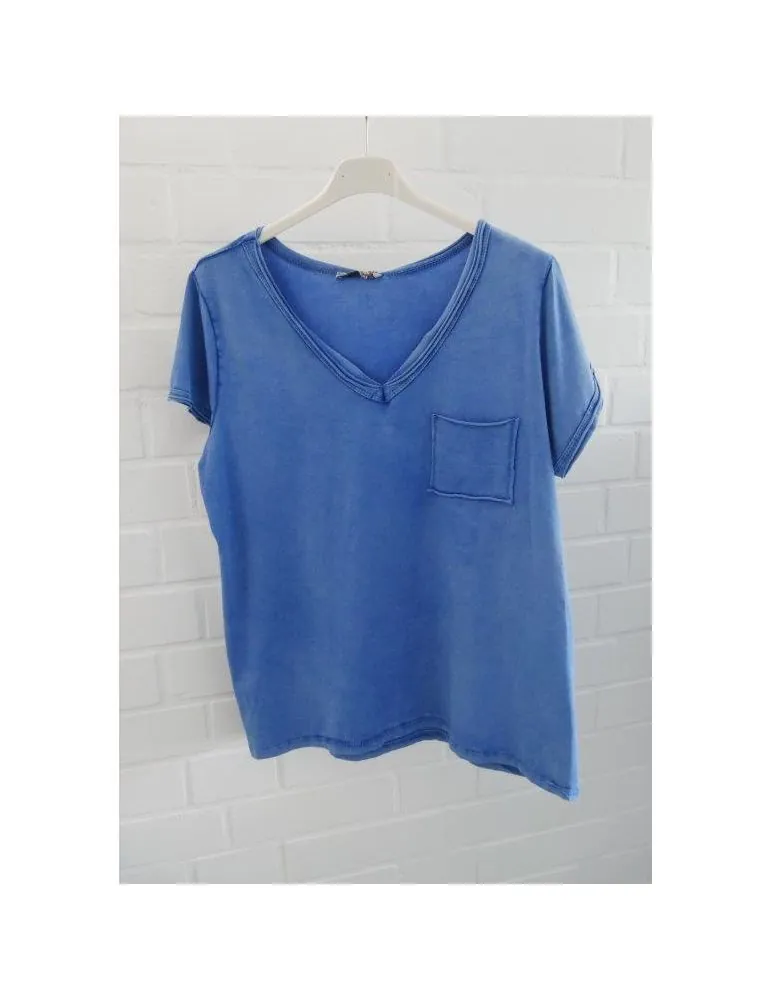 Damen Basic Shirt kurzarm royalblau verwaschen Brusttasche mit Baumwolle Onesize 36 - 40 3159