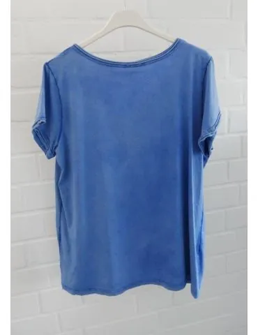 Damen Basic Shirt kurzarm royalblau verwaschen Brusttasche mit Baumwolle Onesize 36 - 40 3159