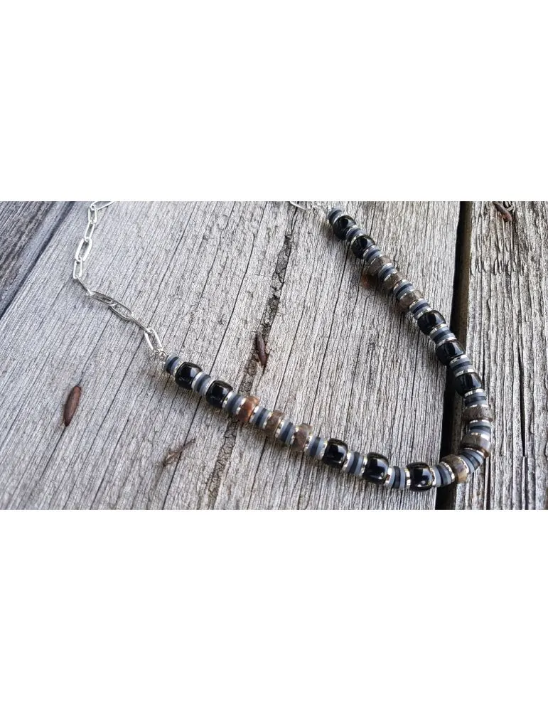 Bijoux Modeschmuck Kette Halskette Damen kurz silber schwarz grau braun  Kunststoff Metall Perlen