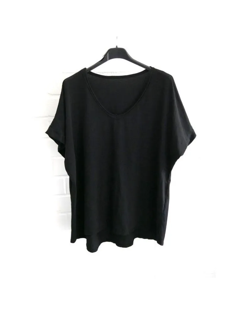 Damen Basic Shirt kurzarm schwarz black uni Ärmelband Baumwolle Onesize 38 - 42 7401