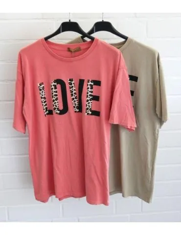 Damen kurzarm Shirt "LOVE" beige creme braun schwarz Leo Baumwolle Onesize ca. 38 - 42 G6030