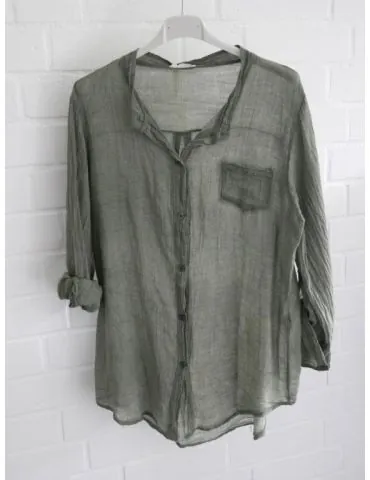 Leichte Damen Bluse langarm durchsichtig oliv verwaschen Baumwolle Onesize 38 - 42 847102