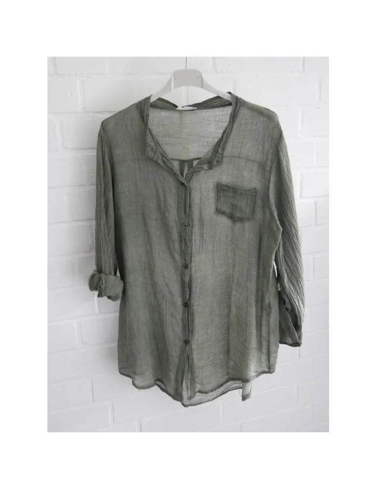 Leichte Damen Bluse langarm durchsichtig oliv verwaschen Baumwolle Onesize 38 - 42 847102