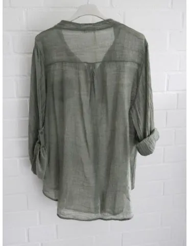 Leichte Damen Bluse langarm durchsichtig oliv verwaschen Baumwolle Onesize 38 - 42 847102