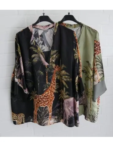 Damen Blusen Shirt kurzarm oliv taupe bunt Giraffe Jungle Satin Viskose 32412