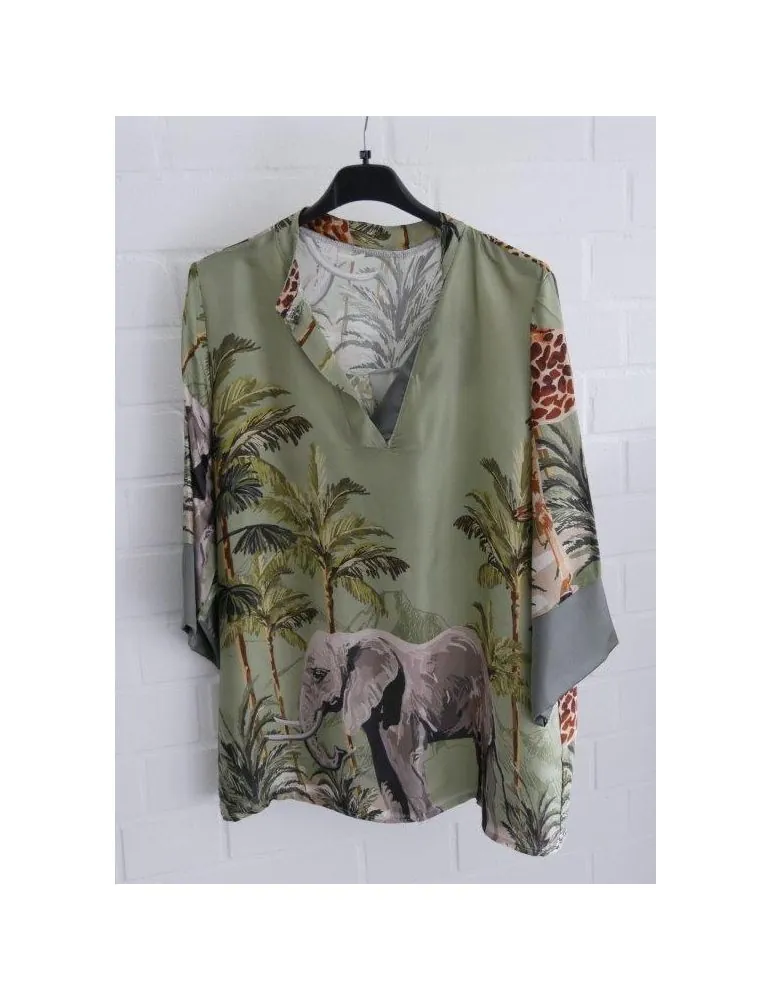 Damen Blusen Shirt kurzarm oliv taupe bunt Giraffe Jungle Satin Viskose 32412