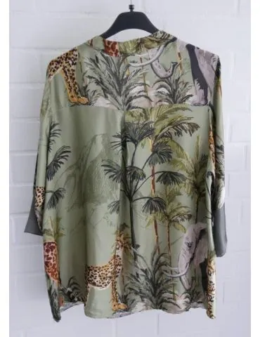 Damen Blusen Shirt kurzarm oliv taupe bunt Giraffe Jungle Satin Viskose 32412