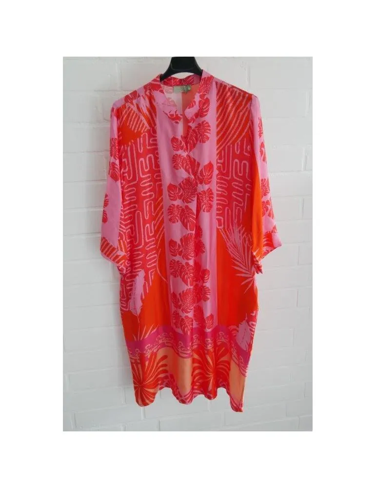 Damen Tunika Kleid Satin rot pink orange bunt Blätter Kellerfalten Viskose Onesize 38 - 42 25650