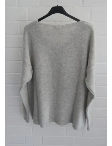 Damen Strick Pullover V-Ausschnitt hellgrau meliert mit Kaschmir Wolle Onesize 38 - 42 24477