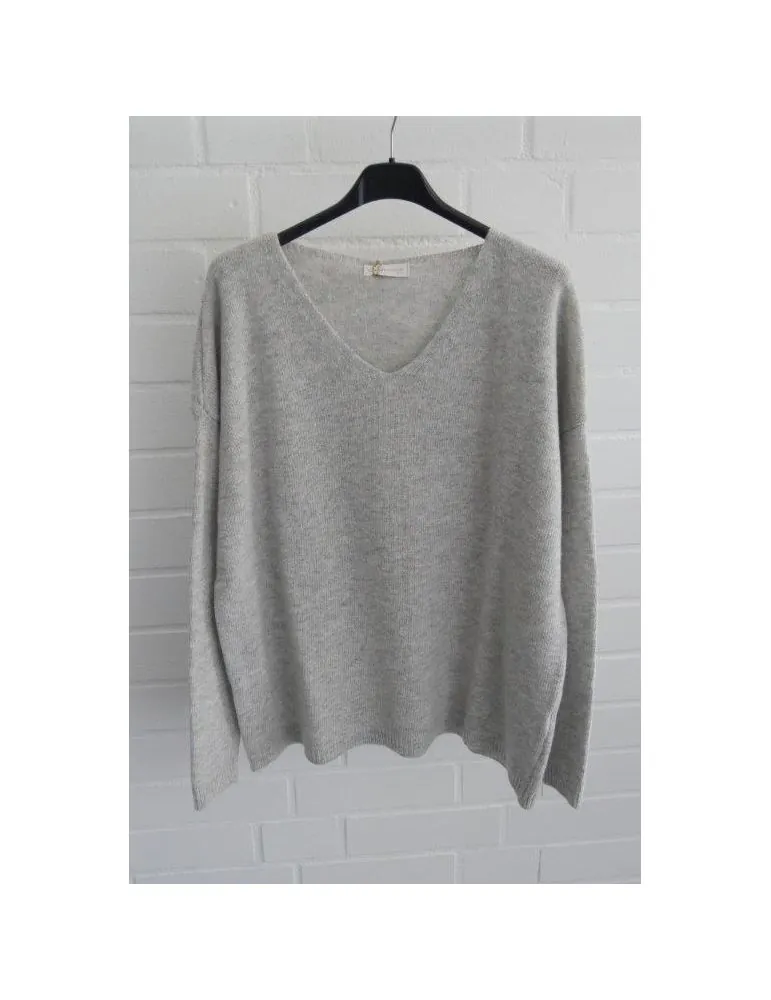Damen Strick Pullover V-Ausschnitt hellgrau meliert mit Kaschmir Wolle Onesize 38 - 42 24477