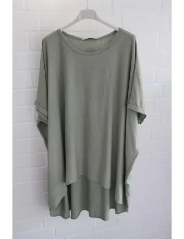 Damen Tunika Shirt Rundhals oliv grün uni verwaschen kurzarm Baumwolle Onesize 40 - 48 3843