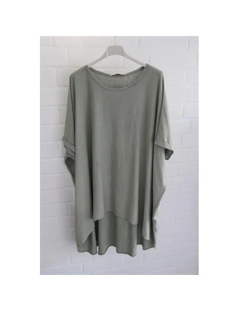 Damen Tunika Shirt Rundhals oliv grün uni verwaschen kurzarm Baumwolle Onesize 40 - 48 3843