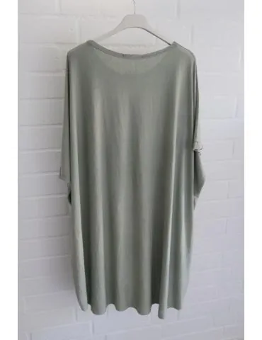 Damen Tunika Shirt Rundhals oliv grün uni verwaschen kurzarm Baumwolle Onesize 40 - 48 3843