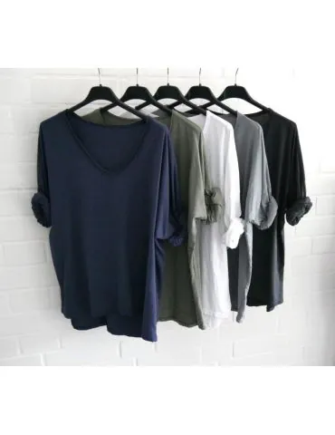 Damen langarm Shirt V-Ausschnitt uni dunkelblau...