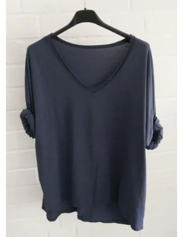 Damen langarm Shirt V-Ausschnitt uni dunkelblau Baumwolle Plussize Onesize 38 - 42 8320