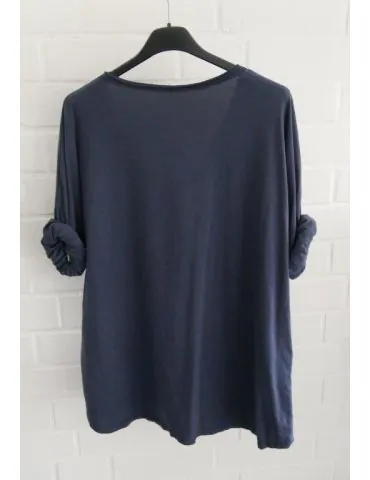 Damen langarm Shirt V-Ausschnitt uni dunkelblau Baumwolle Onesize 38 - 42 8320