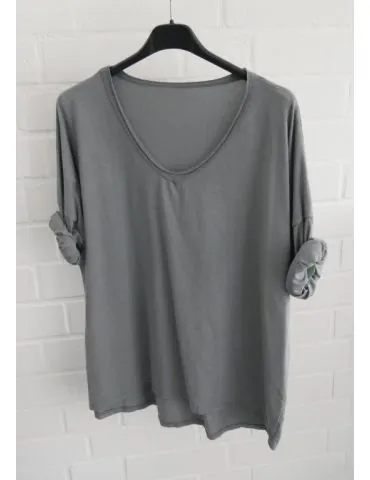 Damen langarm Shirt V-Ausschnitt uni grau grey Baumwolle Onesize 38 - 42 8320
