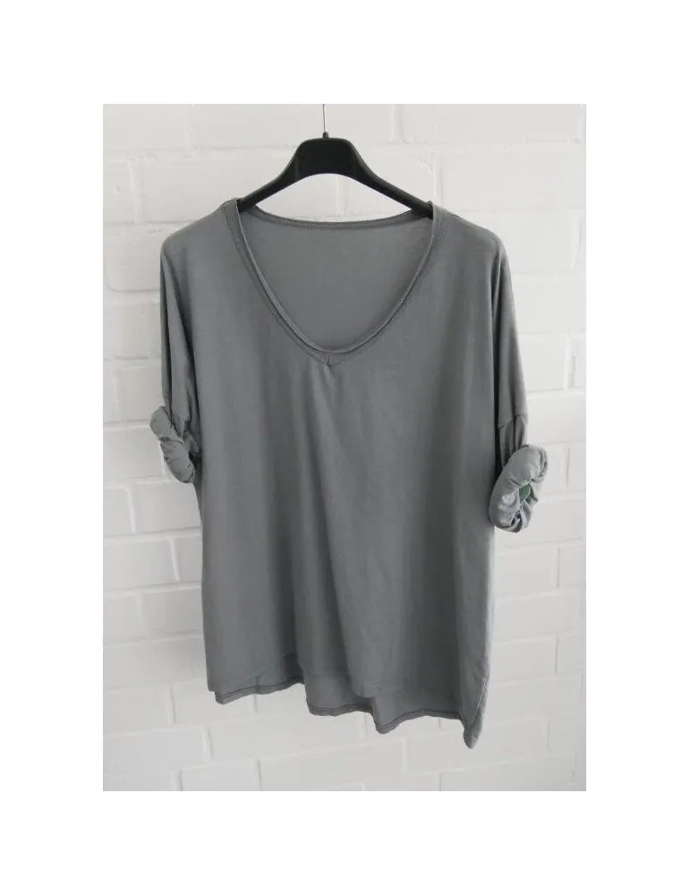Damen langarm Shirt V-Ausschnitt uni grau grey Baumwolle Onesize 38 - 42 8320