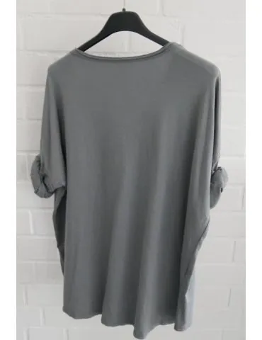 Damen langarm Shirt V-Ausschnitt uni grau grey Baumwolle Onesize 38 - 42 8320