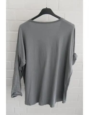Damen langarm Shirt V-Ausschnitt uni grau grey Baumwolle Onesize 38 - 42 8320