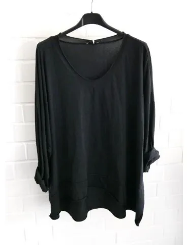 Damen Basic Shirt V-Ausschnitt langarm schwarz black uni mit Baumwolle Onesize 38 - 44 24149