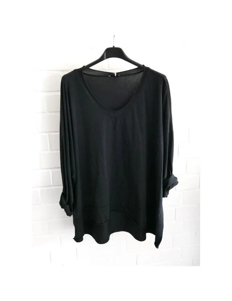 Damen Basic Shirt V-Ausschnitt langarm schwarz black uni mit Baumwolle Onesize 38 - 44 24149