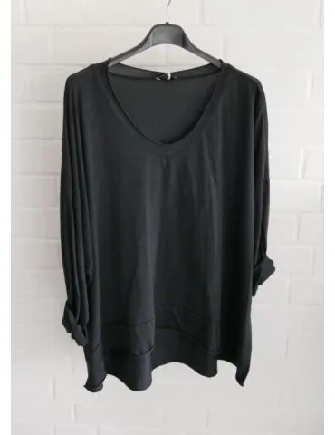Damen Basic Shirt V-Ausschnitt langarm schwarz black uni mit Baumwolle Onesize 38 - 44 24149